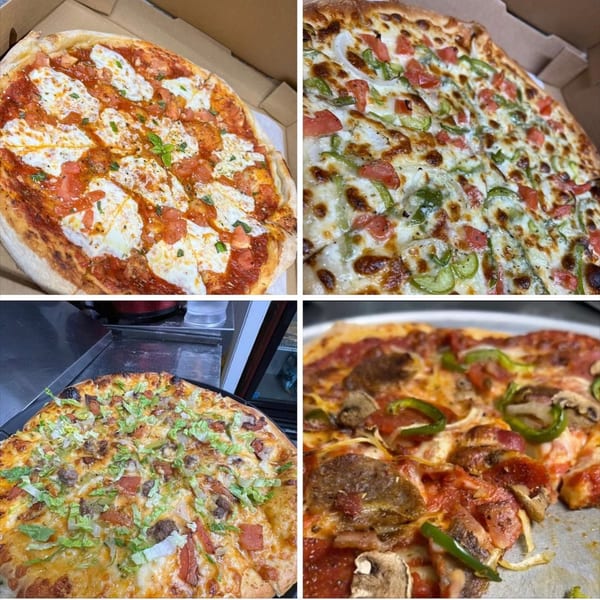 Four Pizzeria 131 pizzas with various toppings, including Margherita, veggie, and meat.
